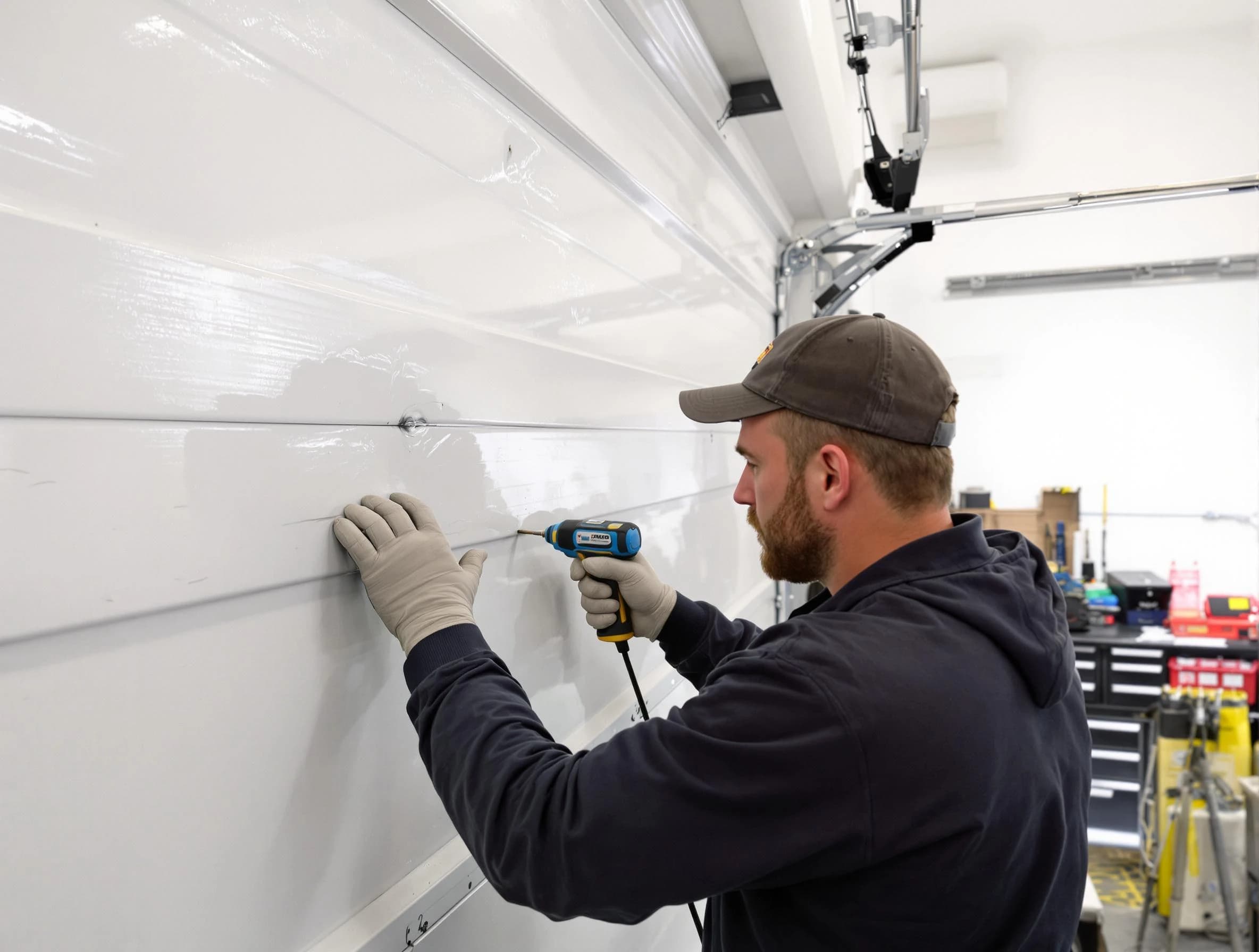 Murfreesboro Garage Door Repair technician demonstrating precision dent removal techniques on a Murfreesboro garage door